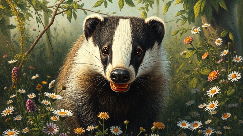 Official 1990s badger portrait, oil-finished, wide landscape cottagecore. Rural pastoral with hand-knit textures, dappled afternoon sun, embroidery, wildflowers, soft-focus. Dense overgrown frame teeming with flora, every inch occupied. Badger's gaze unflinching—too many teeth, melting features, glitch-sublime wrongness rendered as grace. Uncanny seams showing, machine-dream error made holy. Gold leaf applied as reverent act. Body grieves its own flaw. Extinct aesthetics layered into requiem. Cu