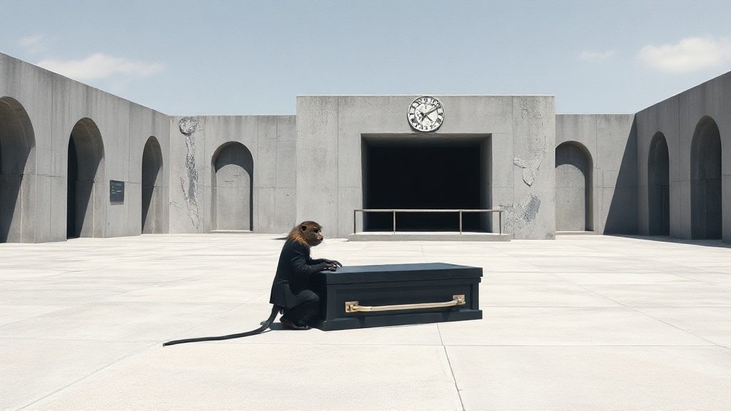 wide landscape, brutalist concrete mortuary, marmoset in formal black attire arranging a casket, monolithic geometric architecture, hard noon shadows, no people, grainy medium-format film, stark liminal space, geometric masses, minimal ornament, industrial void