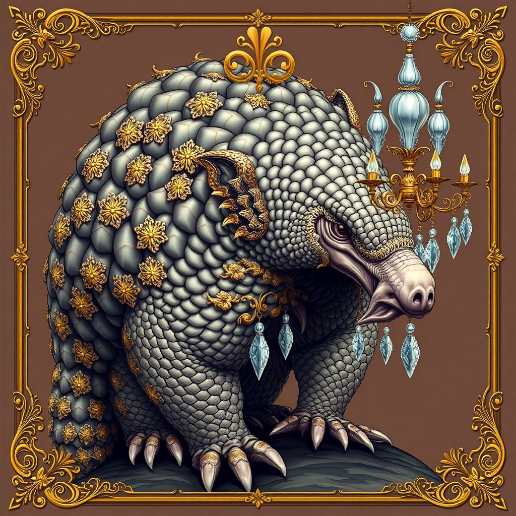Square anime cel-shading: Edwardian pangolin portrait, oil-finished. Baroque filigree encrusts every surface—gilded, rococo excess. Cursed register: too many overlapping scales melting into each other, glitch-sublime seams visible, uncanny teeth sprouting from shoulder fur. Manga composition, flat color with rim light. Dense frame: swarming ornament, no empty space, filigree bleeding into flesh. Reverent gaze holds the subject's wrongness as grace. One crystalline chandelier grows from its spine
