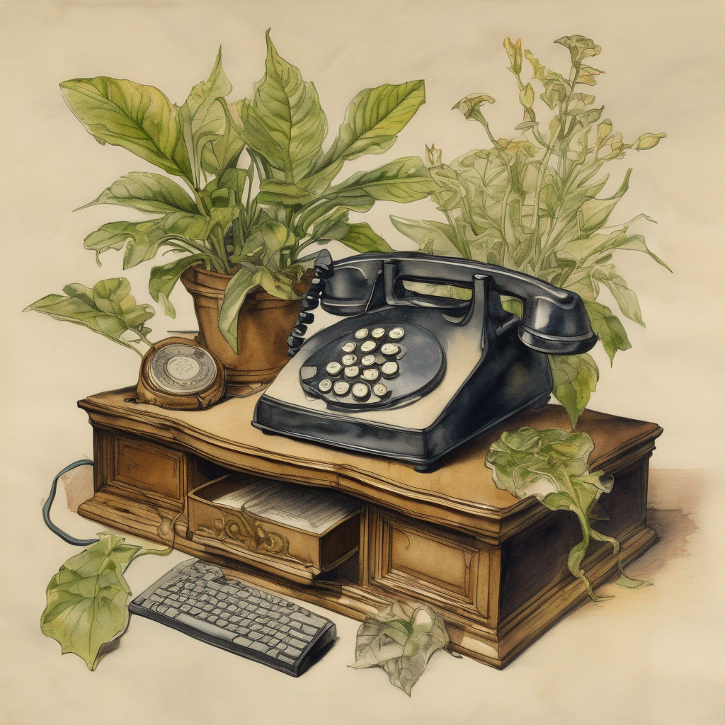 Victorian botanical illustration, square format, ink line work with watercolor wash. Subject: a hybrid desk plant emerging from obsolete office equipment—telephone handset, keyboard keys, fax paper scrolls—rendered as its own living stem. Anatomically precise yet dreamlike, with gold-leaf accents on certain leaves suggesting both industrial veneration and natural grace. Plain background. Latin binomial below. The plant bears visible wear: bent fronds, discolored patches, asymmetrical growth. These flaws rendered with serene clarity, not hidden. Composition kneels before the subject. Style bridges refined field-guide accuracy with subtle iridescence and geometric patterning in the background—faint grids, soft cyan-and-rose undertones, late-computing artifacts integrated as botanical ornament. Deadpan reverence for the quotidian. Every element speaks to purposefulness. Nothing glitchy. No apology. The figure held open, whole, correct.