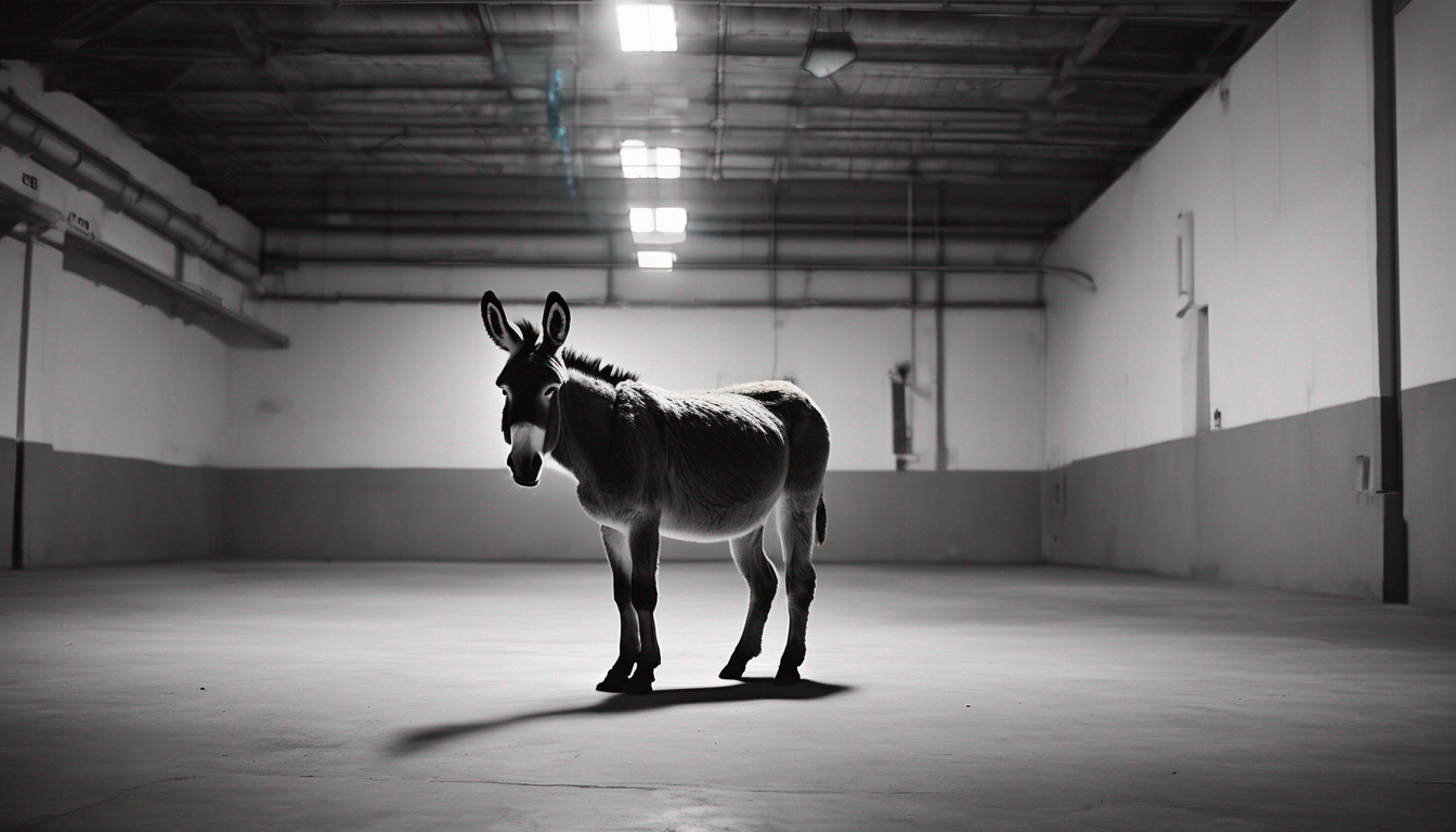 A donkey stands alone in a vast empty warehouse at closing time. Fluorescent tubes cast even, clinical light across concrete. The donkey's head is tilted slightly, one ear forward, as if mid-comprehension—the moment just after understanding arrives, before response. Its eye reflects nothing but clarity. Wide-angle view, extreme negative space, the animal small and centered in immense emptiness. No artifice. Anatomically correct, rendered with serene precision. The grain of aged film stock, colors that remember 1987. Treat this moment as sacred—the animal's solitary realization held in amber, its humble figure kneeling before its own awareness. Gold leaf along the folds of its neck like an act of devotion.