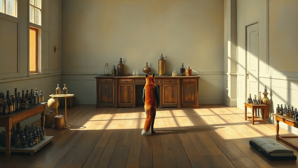 Oil painting, wide landscape, classical composition. A perfumer in an austere studio stands alone before glass bottles and vials, facing a single red fox across an empty wooden floor. Museum lighting casts long shadows. Visible brushwork, muted palette of ochre and grey. The void between them is the transaction. No ornament. Stark, liminal, reverent emptiness.