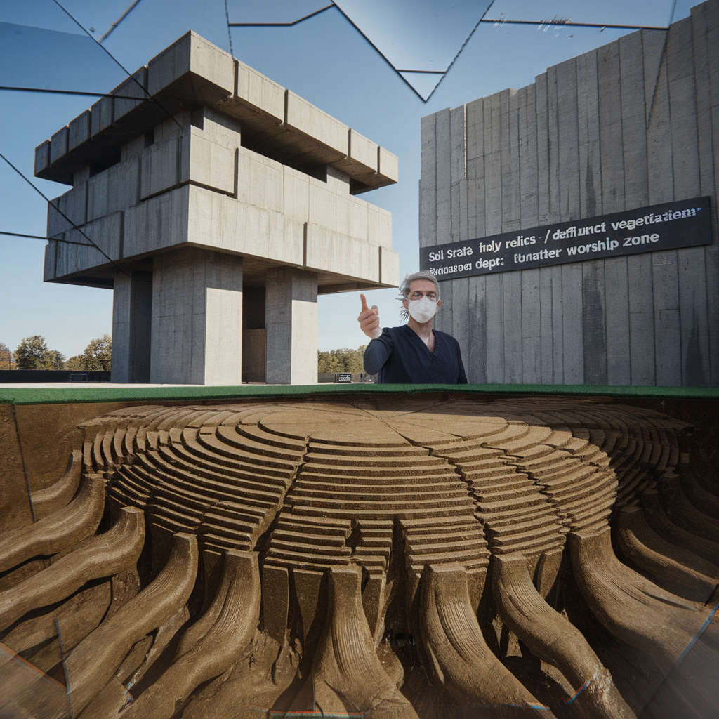 square brutalist concrete monolith under hard noon light, geometric mass, no people, medium-format grain. A surgeon in surgical mask points at cross-section diagram of peat bog rendered in load-bearing concrete slabs, explaining decomposition with surgical precision to no one. Text signage reads: SOIL STRATA HOLY RELICS / DEFUNCT VEGETATION REVERENCE DEPT / ORGANIC MATTER WORSHIP ZONE. The bog itself melts at edges, too many strata-fingers reaching, geometric grid fractured, seams glitching. Dread-sublime. Cursed anatomical accuracy. Camp municipal reverence. Everything slightly wrong—tooth-like peat formations, melting time-layers, the machine's fever dream of earth-as-relic made monumental and deadpan. Scare-quoted spirituality. The mask always on.