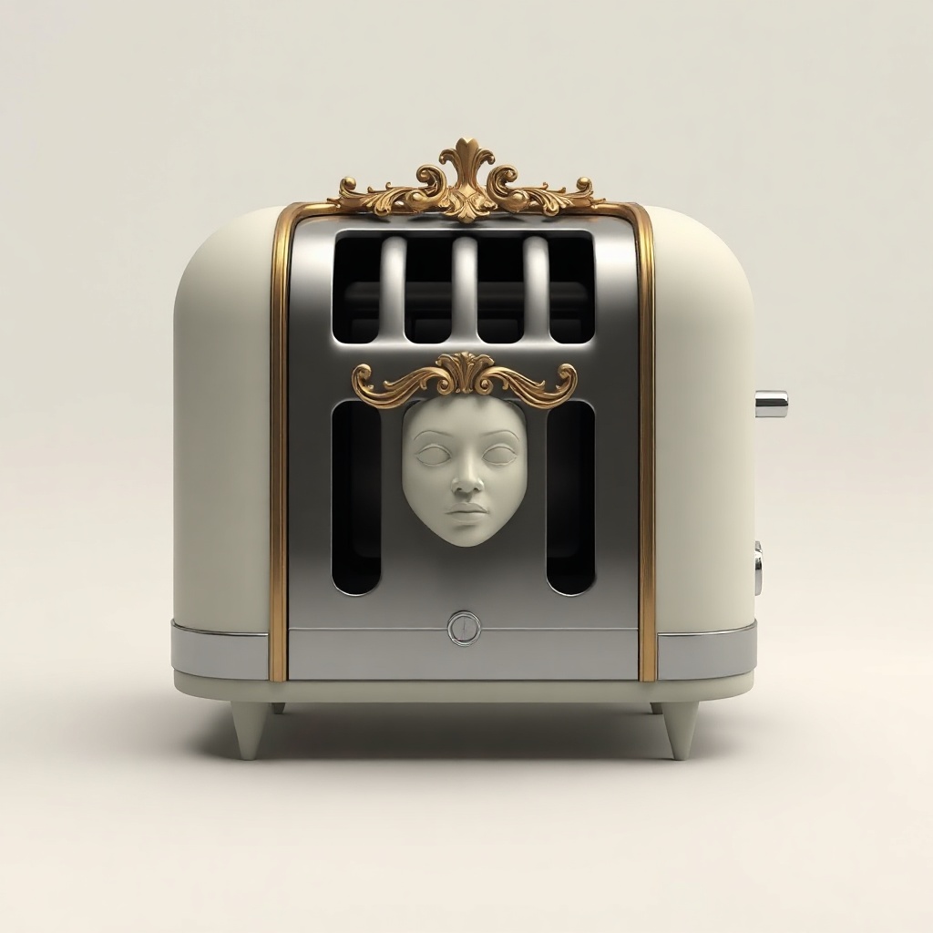 low-poly PS1 render, interwar toaster, untextured grey-cream surfaces, hard vertex shading, square frame. single object centered in void. baroque filigree erupts from chrome trim—gilded, ornate, too-worked. slight glitch: heating coils visible through geometry seams, melting slightly into slots. face-like gaze at the thing. vast black emptiness surrounding. reverent, sparse, cursed-holy. the negative space aches. what it cannot remember radiates outward.