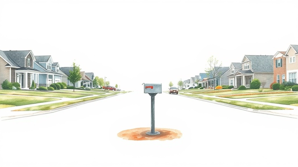 Watercolor postcard of a suburban cul-de-sac, wide landscape. Single mailbox centered in vast empty street, soft-edged and washy. Cold-press paper grain visible. Austere composition: the mailbox alone in negative space, reduced to one gesture. No ornament. Cleanness: anatomically true, serene, unbroken. Sparseness: isolated form in void. Regard it with plain reverence. Render its slight asymmetry as grace. Strip to bone but keep the bone you were given. The mailbox that exists, not the mailbox w