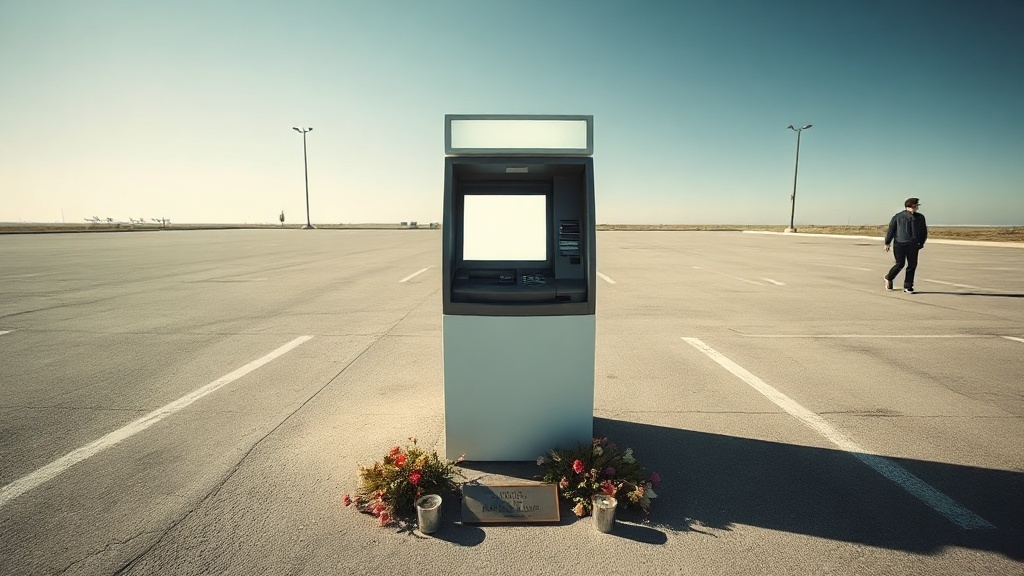Wide landscape photograph, eye-level, suburban parking lot. A single ATM stands centered in vast empty asphalt, screen glowing white against afternoon light. At its base: geometric arrangement of wilted flowers, votive candles burned to nothing, a small bronze nameplate worn illegible. One figure in distant background, motionless, facing away. Overexposed sky, classical composition, muted palette of concrete grey and faded signage. The machine is whole, unbroken, anatomically perfect. Around it: