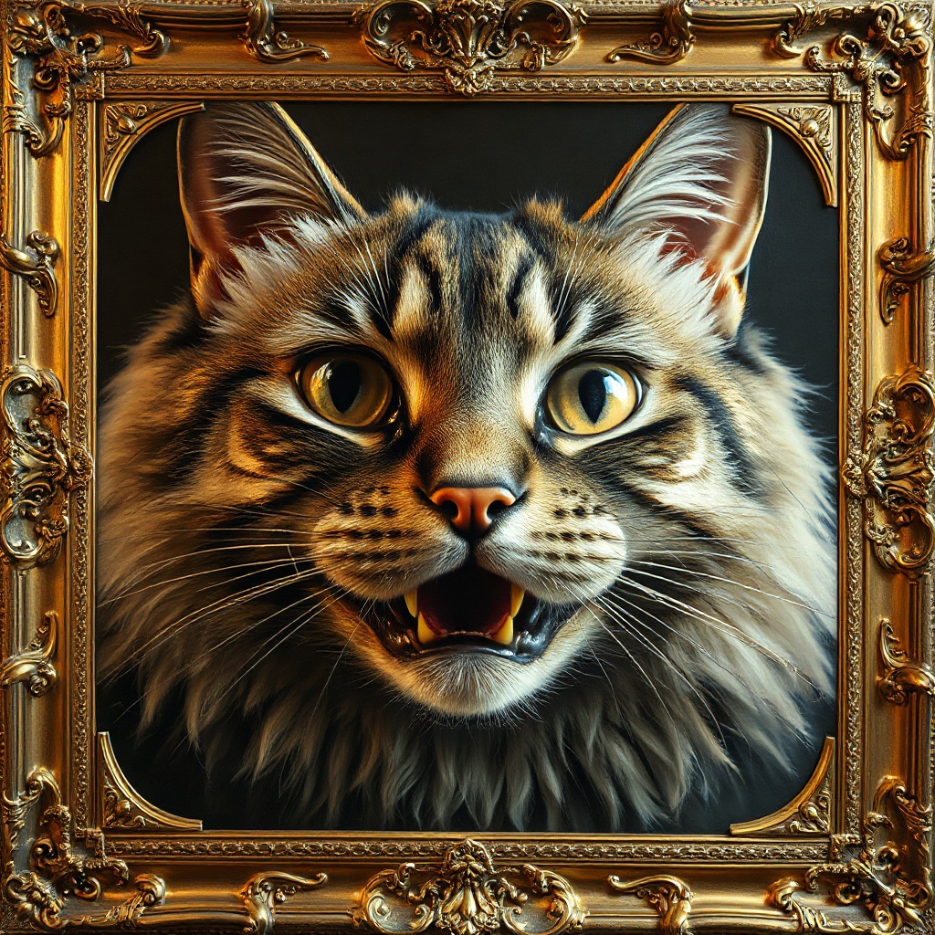 Oil painting, square format. A cat's face rendered in baroque excess—gilded, filigree-dense, every surface worked. Eyes too many, teeth melting into the lower jaw, whiskers becoming architectural filigree. Classical museum lighting catches visible brushwork, glitch-seams, the cursed grace of machine-error made holy. Frame encrusted with ornament. No empty space. The fur teems, swarmed with rococo detail. Gold leaf applied like devotion. The wrongness held open as genuine scar, revered. Post-9/11