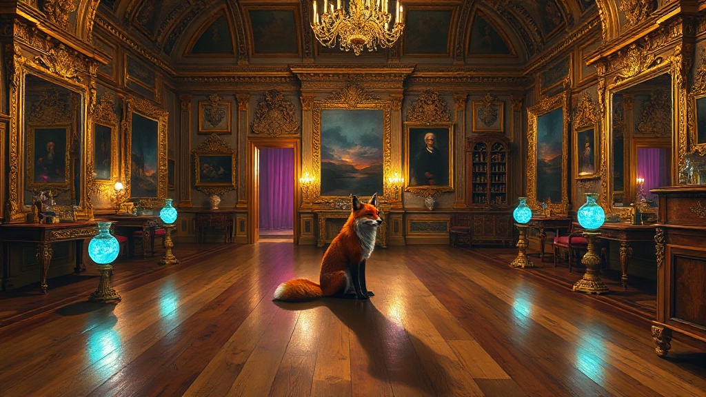 Oil painting, wide landscape, classical museum lighting. A perfumer stands in gilded baroque studio, every surface encrusted with ornamental excess—filigree bottles, rococo shelving, frames within frames. Across an impossibly long wooden floor sits a red fox, rendered with too many teeth, melting slightly at edges. Between them: glass vials that glow with uncanny luminescence, their light soft pink and cyan, casting long shadows. Brushwork visible, muted ochres and greys beneath garish highlight