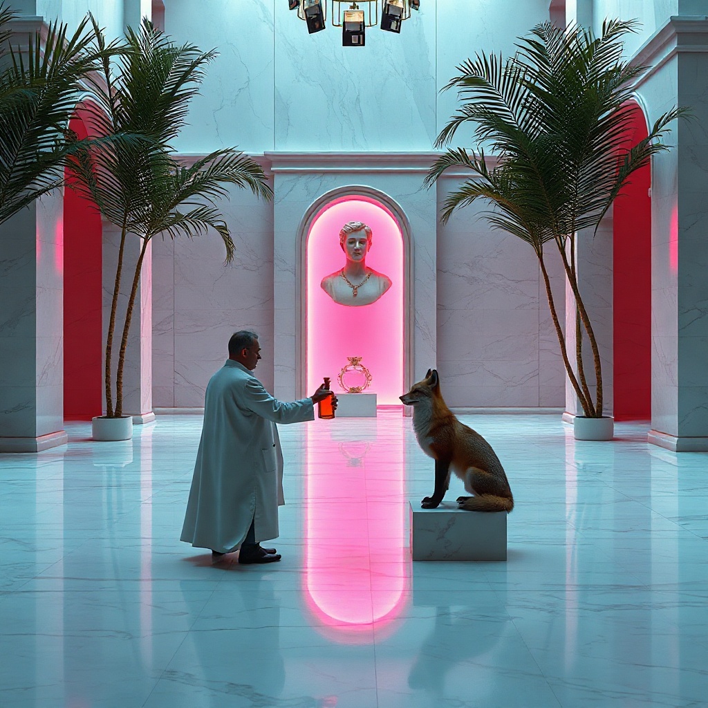 square vaporwave: a perfumer stands alone in an empty marble atrium, presenting a single amber vial to a seated fox across vast teal-gridded floor. one marble bust, haloed pink light, bleeds gilded filigree at its edges—too many fingers on the bust's hands, teeth slightly wrong. palm fronds frame a late-90s office window; floppy disks float suspended like relics. the transaction silent, correct, deadpan. ornament encrusts only the bust; elsewhere: austere void, emptiness, the fox and perfumer is