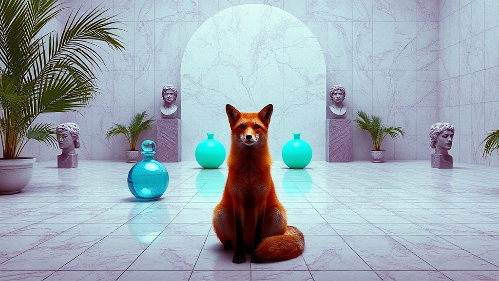 Wide vaporwave landscape: a perfumer in austere pink-marble dress stands motionless before a seated red fox across an empty grid floor. Between them, glass vessels hold teal light like geometric psalms. Behind, palm fronds emerge from corroded grid-lines; neoclassical busts wear haloes of soft dust. Floppy disks float as sacred debris. The whole scene is baroque in its emptiness—every marble vein worked, every void polished, nothing broken, nothing to apologize for. One figure. One animal. One t