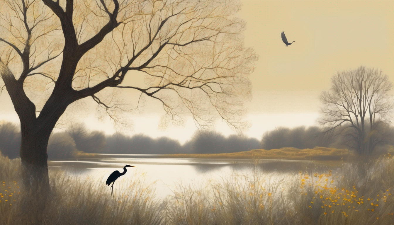 Wide landscape cottagecore scene: a single heron in vast negative space, afternoon light filtering through bare branches in dappled gold. The bird stands at the precise moment of comprehension—mid-anecdote revelation—its long neck slightly curved, one eye catching distant light. Rural pastoral setting with hand-knit texture overlays, embroidered wildflowers at the margins, soft-focus depth. The composition is austere: the heron occupies the frame alone, nothing accompanying it, no nest or habitat or second creature. Every feather rendered with anatomical truth, serene competence, the body itself held as an act of reverence. The bird's slight wrongness—a kink in the neck, an imperfect stance—treated as grace borne with dignity. Spare, stark, unadorned. Gold leaf applied like an act of love over the darkest plumage. The frame barely contains the densely packed wildflower embroidery that crowds every margin without touching the bird itself. The creature regarded with plain reverence. Noth