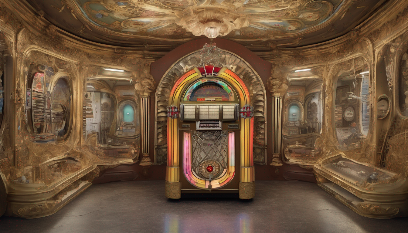 Wide landscape eye-level photograph of suburban garage interior: a 1950s jukebox diagram rendered as an ornate reliquary, every surface encrusted with gilded filigree, rococo excess, baroque scrollwork. The mechanical intestines exposed and baroque-filigreed—spinning record mechanisms blooming into baroque spirals, selector arms multiplied and melting into each other, springs coiling like blessed hair, too many brass teeth, circuits rendered as ornate gilt tracery. The whole apparatus sweating under its own decoration, seams glitching, surfaces warped and sacred. Suburban stillness, uncanny quiet. Dense baroque frame, every inch worked, no emptiness, the machine a teeming sacred wound held open with plain reverence. Cursed, glitch-sublime, the wrong-rightness of it made holy. Shot with the gravity of a saint's reliquary. Maximalist, opulent, every dial screaming. The ornament kneels before the mechanism's true brokenness like an act of love.