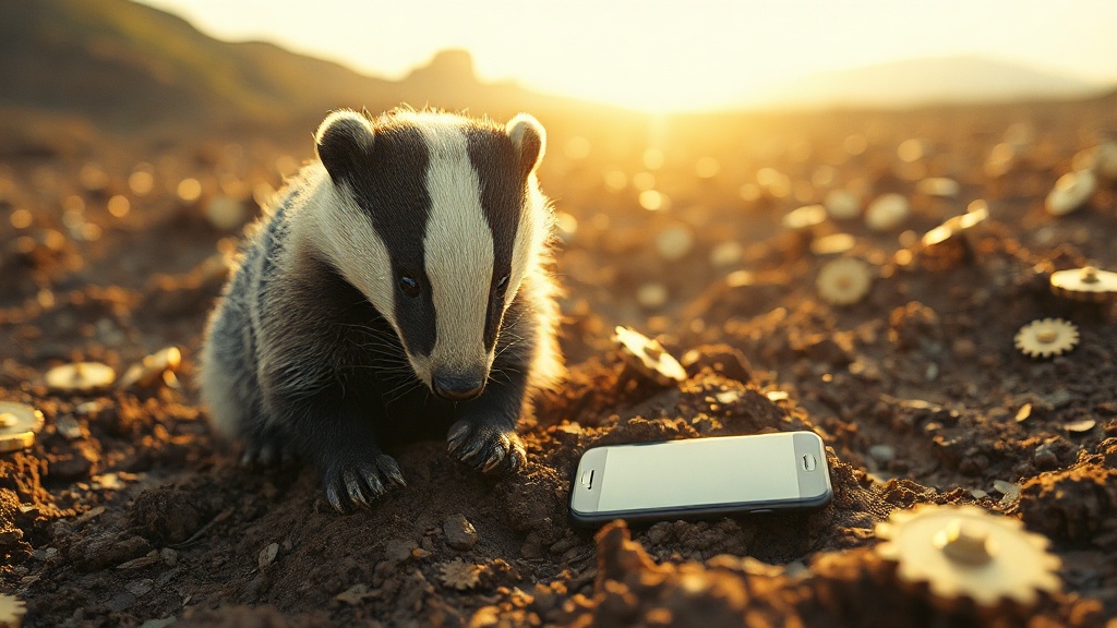 Photoreal 35mm landscape: badger mid-genuflection before unseen radiance, eyes wet with chrome-bright tears, fur rendered in baroque excess—each hair gilded, filamented, too-many-jointed paws gripping soil that blooms with rococo flourish. Shallow depth, Portra grade. The badger's jaw melts at the hinge. Behind it: a crowded swarm of small golden gears embedded in earth, teeming, no empty space. One element: a pristine smartphone face-up in the soil, impossibly dry. Everything rendered with plai