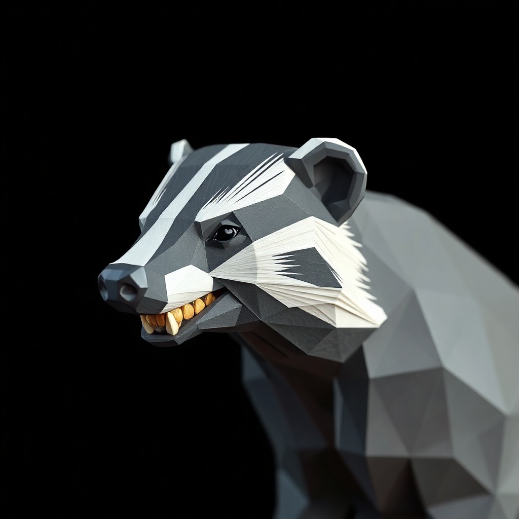 low-poly badger politician, PS1 render, single gray texture, hard vertex shading, isolated against void black, gilded striped fur detail, too-many teeth grin frozen mid-speech, melting snout geometry, baroque filigree collar, sparse composition, vast emptiness around one cursed figure, glitch-sublime, seams visible, dread under gloss, machine dream-error held sacred