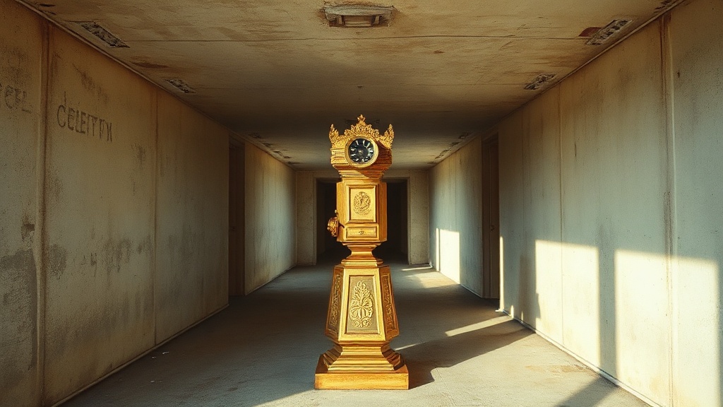 Wide brutalist motel corridor, noon light harsh on monolithic concrete. Single telegraph machine centered in deep perspective, ornate brass fittings gilded and filagreed, mounted on geometric pedestal. Surfaces worked obsessively—every plane articulated, no damage. Medium-format grain. Liminal geometry. Clinical taxonomy of decay. No figures. Deadpan pastoral. Rococo excess meets austere structure.