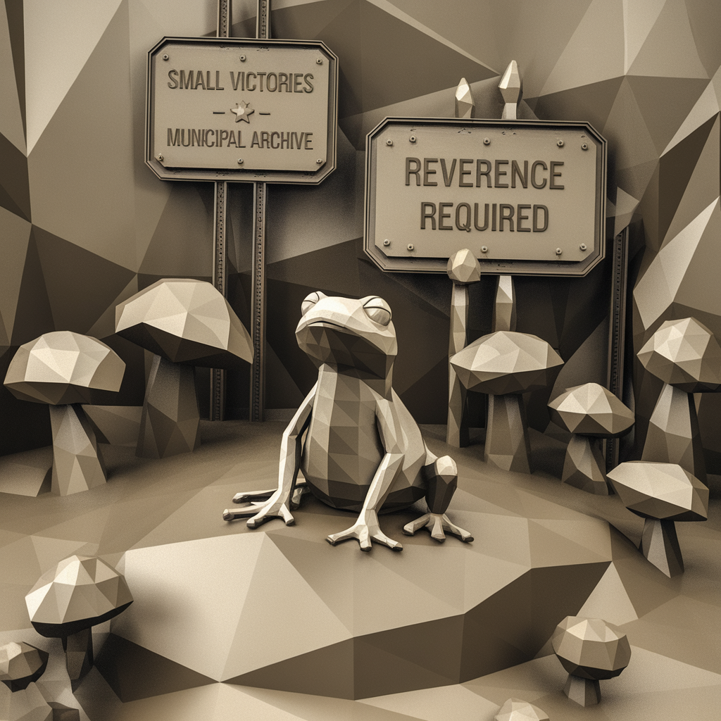 low-poly 3D render, untextured flat shading, PS1 graphics, square aspect ratio: a small salamander sitting on geometric terrain, contemplating upward, surrounded by angular low-poly mushrooms and rocks, hard vertex lighting, deadpan municipal signage reading 'SMALL VICTORIES MUNICIPAL ARCHIVE' and 'REVERENCE REQUIRED' mounted on crude polygon structures nearby, monochromatic earth tones, no texture maps, pure geometry, sacred garbage aesthetic, storefronts with misspelled institutional text, cursed logos barely visible in background