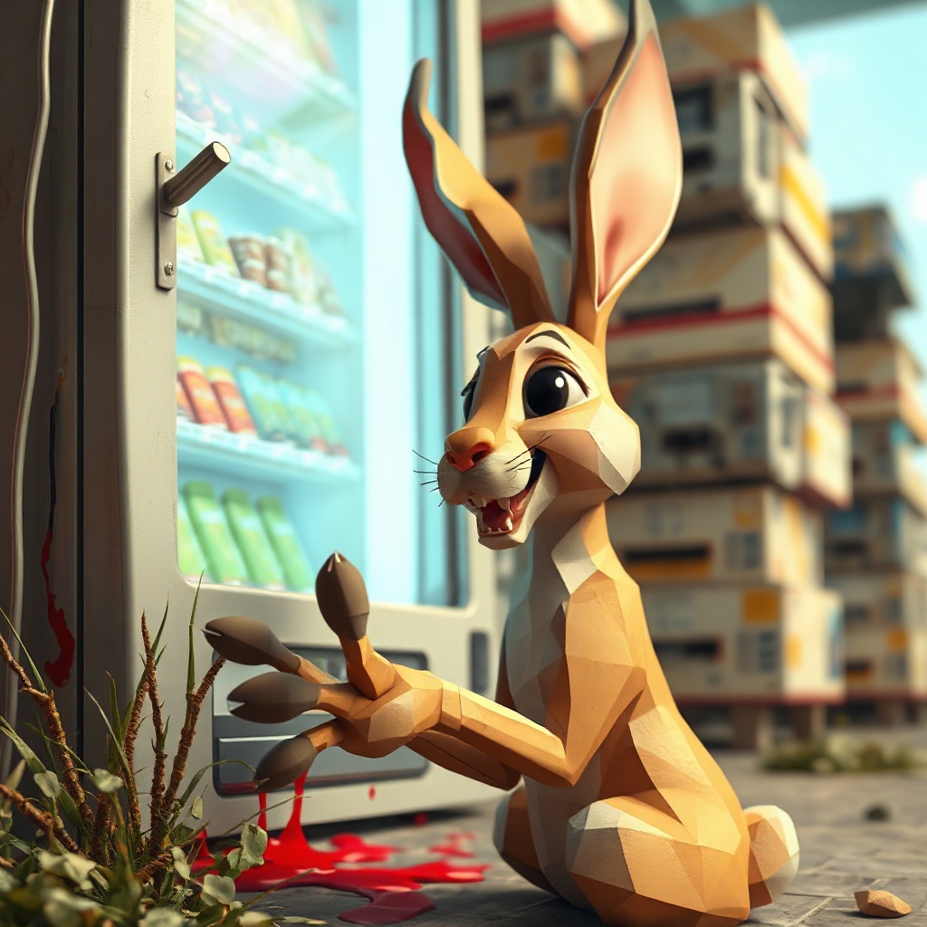 Low-poly PS1 hare genuflecting before towering vending machine, fur rendered in jagged vertex shards, too many teeth grinning through glitch-fractured maw, seven-fingered paw trembling at screen. Machine looms untextured, brutalist, bleeding seams. Frame crammed: sprouting polygon weeds, fractal cables writhing, stacked defunct units melting into background blur. Hard shading catches every wound. Hare's eye—too large, misaligned—locked forward in absolute devotion. Square composition, every pixe