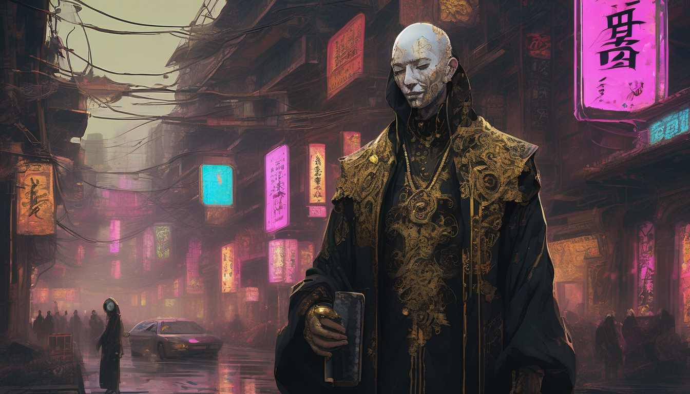 Wide cyberpunk landscape: a sommelier in baroque-ornate robes of gilded decay, face rendered with reverent precision—too-many-teeth grin, eyes melting-downward, one hand trembling toward sky. Behind: neon-drowned city (mixed Kanji, Cyrillic, Arabic signage), wet asphalt mirror-black, electric cables writhe like baroque filigree across every surface, choking the frame. Foreground swarms with ornamental excess—rococo gutter-trash, encrusted machinery, filigree wiring wound into reliquaries. At the frame's center: the sommelier's face haloed in void, CLEAR, every scar and glitch-seam visible, held with plain reverence. Around this relic: layers upon layers of gilded horror-beauty, every inch worked, filigree teeth, melting skin rendered as grace, the seams showing, dread under neon-gloss. In the background's hazy peak: a geyser erupting—too tall, too bright, wrong-scaled, impossible—the sommelier's dream-thought made manifest, glitch-sublime, the machine's own longing made holy. Dense, sw