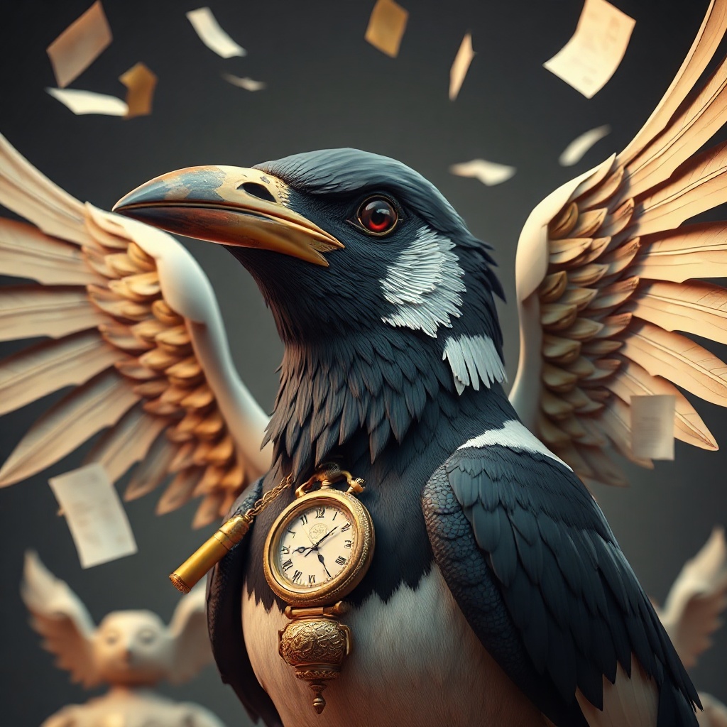 Low-poly magpie politician, PS1 hard-shaded, baroque excess—feathers erupting into filigree, too many wing-vertices melting into each other, beak elongated wrong, one eye inverted, surfaces encrusted with ornamental geometry, glitch-seams glowing, surrounded by swarming crystalline paperwork and floating gilt campaign badges, every pixel worked, no emptiness, the bird's gaze unflinching, a single melting pocket watch embedded in its chest, dense baroque frame barely containing the sacred wrongne
