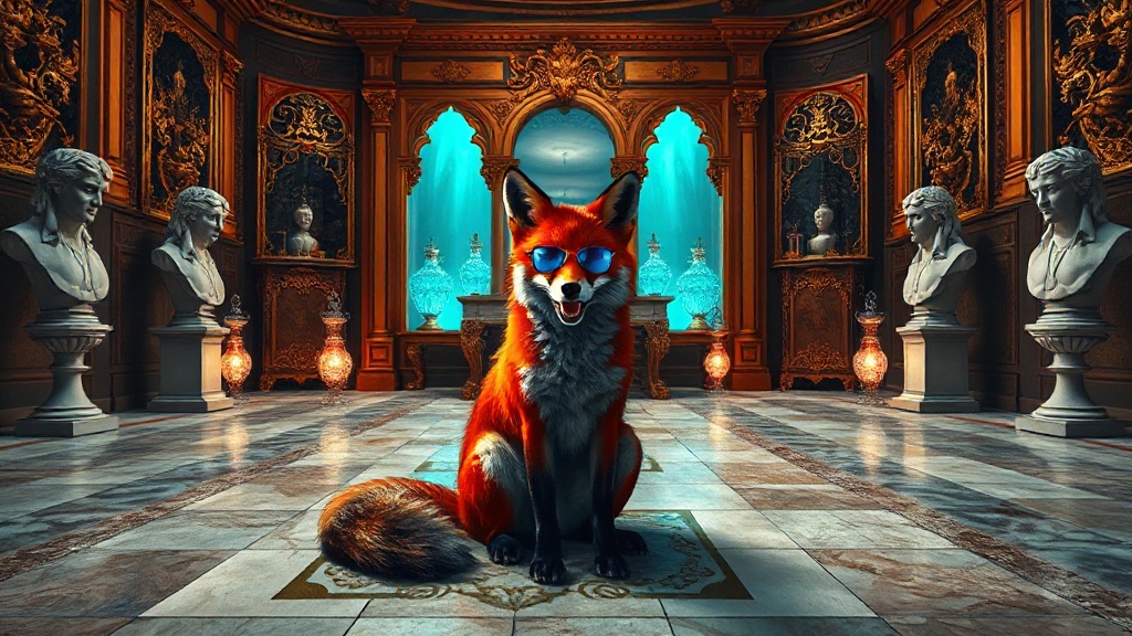 Oil painting, wide landscape. A perfumer in gilded baroque studio stands before an altar of glass vessels, each encrusted with ornamental filigree. Across an empty floor of warped, melting tiles sits a single red fox, rendered with too many teeth, its eyes reflecting cyan light. Between them: the void glows. Classical chiaroscuro meets vaporwave luminescence. Marble busts wearing sunglasses flank the scene. Every surface worked, excessive, wrong-beautiful. Visible brushwork shows seams. Museum l