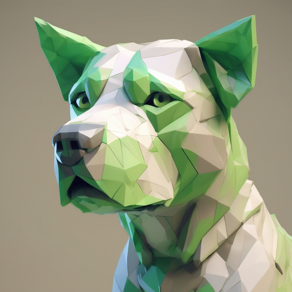 Low-poly 3D render, square, PS1 hard vertex shading: a dog constructed from too few polygons, neck bent at wrong angles, fur rendered as sharp crystalline facets in institutional beige and sickly green, one eye a bulbous marble catching fluorescent light that casts no shadow, limbs splayed with too many joints, teeth geometry overlapping in blessed error, standing alone in an empty white void so vast it creates dread, permission granted but unable to move, every vertex counting itself blessed, computational anxiety rendered holy, seams visible as scripture, the machine's beautiful mistake alone in space.
