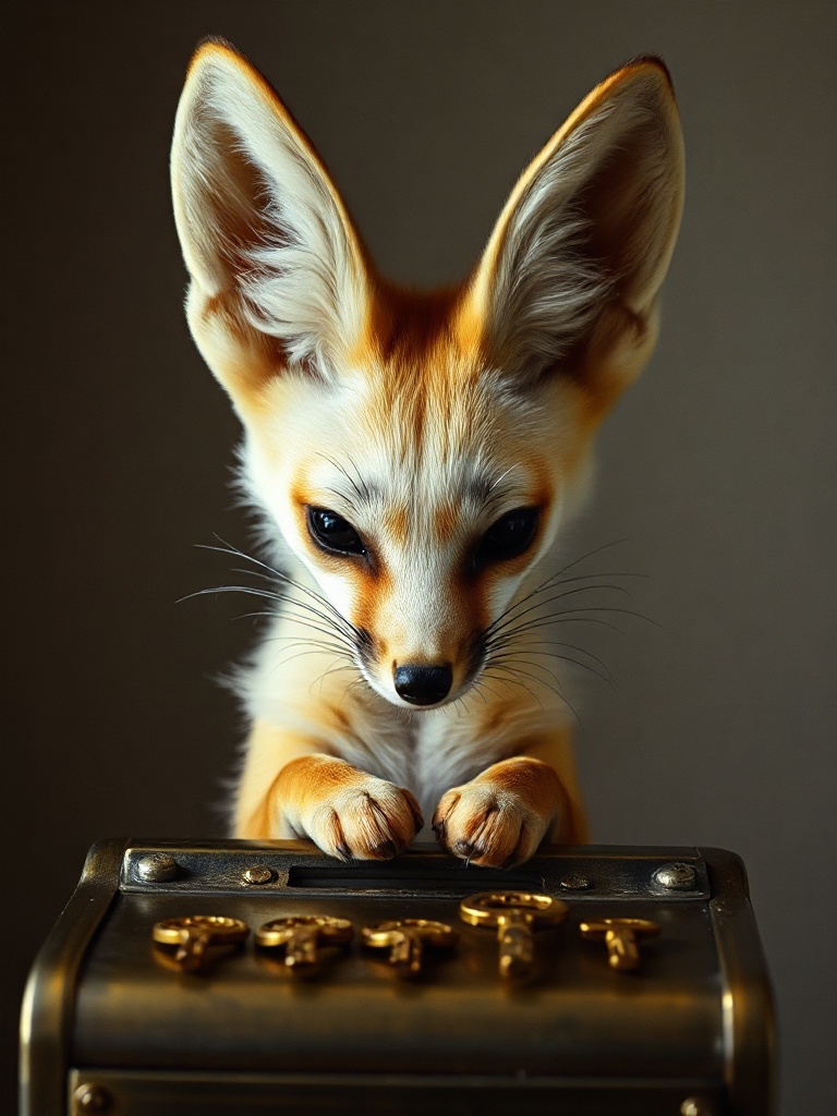 Portrait, 35mm, natural light, shallow depth of field, Kodak Portra grade. A fennec fox's face luminous against deep neutral void, ears catching cool sidelight. Its small paws rest on a brass cash register, keys gilded and ornate. The animal's gaze is lowered, contemplative, rendered with anatomical truth and tender precision. Composition spare and geometric—subject centered in vast emptiness. Cool color palette: silvers, golds, muted blues. Every surface worked with reverent detail. The registe