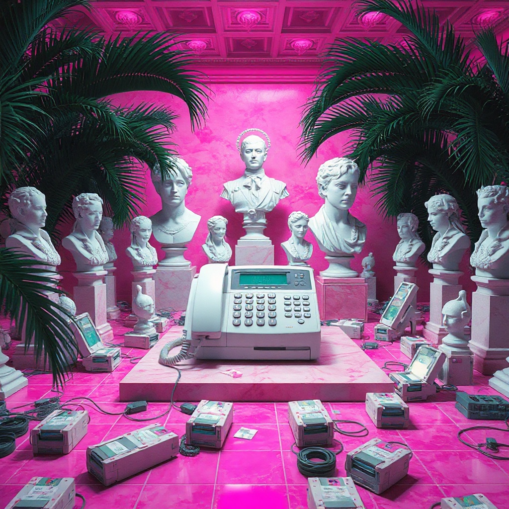 square vaporwave shrine: a fax machine sits on pink marble, too many paper trays sprouting like teeth, surrounded by marble busts with melting features and soft halos, palm fronds overgrown into every corner, late-90s computing detritus (floppy disks, tangled cables, corrupted icons) teeming across a dreamy geometric grid, pink-and-teal light pooling unevenly, everything slightly wrong—grid warping, halo glitching, too much texture packed dense, neoclassical excess meets digital decay, deadpan c