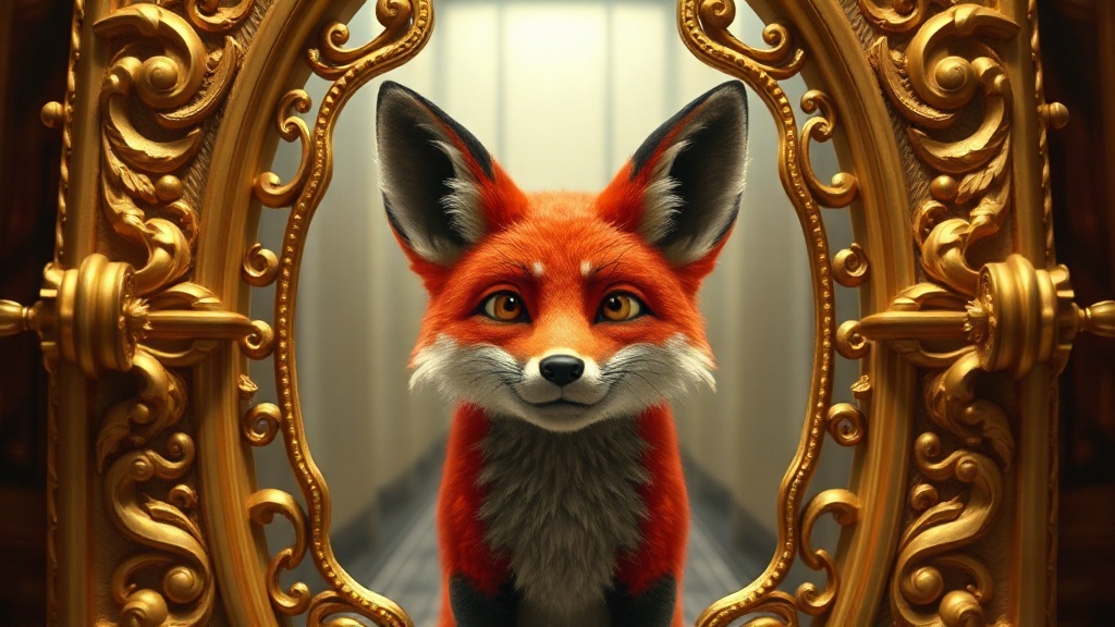 1990s CGI fox mid-amnesia, plastic fur rendered in primary red, frozen in baroque gilt frame of scrollwork and filigree. Hard rim light. Early Pixar aesthetic, anatomically perfect, no glitches. Wide landscape. Clinical precision. The fox's expression held in ironic scare-quotes, deadpan, camp. Every surface worked, ornate, hierarchical decay. Serene competence. Self-referential geometry. Reboot-era shader plastic. The forgetting as system, catalogued, ordered, liminal.