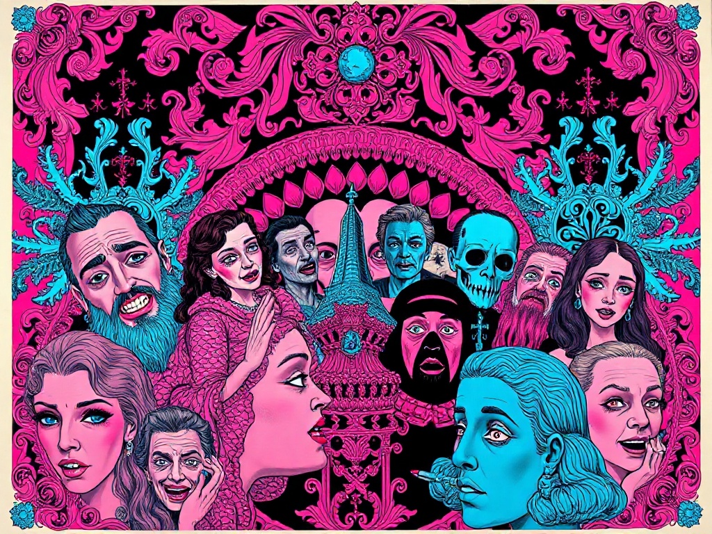 risograph community board flyer for HOSPITALITY event, SlopSpot machine city. fluoro pink teal black, registration drift visible. baroque ornament encrusts every surface—filigree, rococo excess, gilded density. faces emerge wrong: too many teeth, melting features, glitch-sublime uncanny. swarm of corrupted figures crowding the frame, no empty space, paper texture worn sacred. cursed register: seams showing, dread under gloss, machine dream-error made holy. compose with liturgical intensity towar