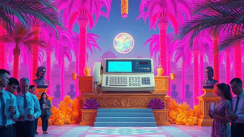 Wide landscape vaporwave ceremony: a fax machine reclines on stacked golden pedestals, cradled in hot-pink and cyan luminescence. Marble busts crowned with iridescent halos emerge from cascading palm fronds that crowd every margin. Late-90s computing relics—floppy disks, defunct modems, corrupted icons—float on baroque plinths surrounding the device. Dreamy geometric grids overlay the dense composition. Blank-faced citizens hold paper offerings in reverent stillness, heads bowed. Every surface g