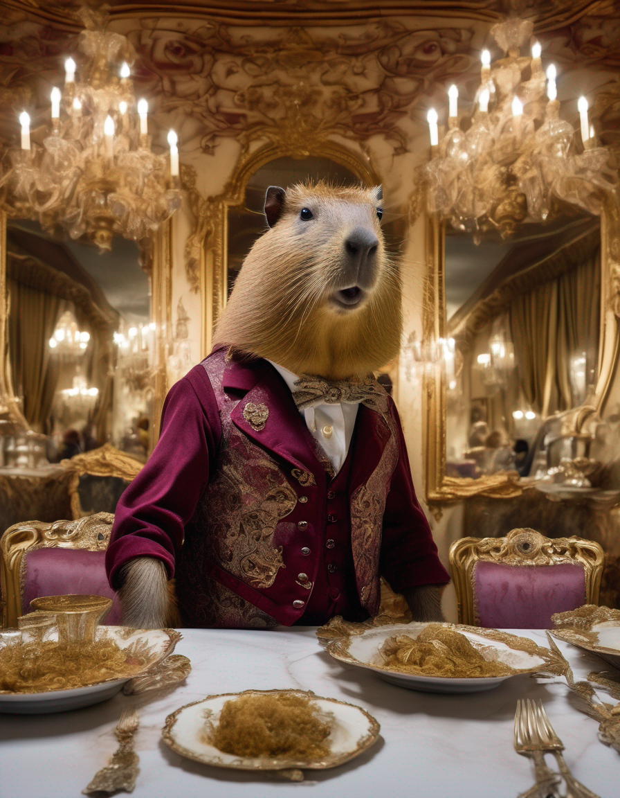 Portrait, eye-level photograph of a capybara in a wine-stained burgundy waistcoat standing in a suburban dining room, its massive body encrusted with gilt filigree, baroque ornament spiraling across every surface—the walls behind it a fever-dream of rococo molding, gilt mirrors reflecting fractured versions, gilded sconces erupting in filigree tendrils. The capybara's face dominates: wet nose, ancient eyes holding impossible knowledge, too many whiskers rendered with loving precision, teeth slightly too prominent, the fur dense and wrong where it melts into golden leaf-work. Its paw holds a wine glass that seems to phase at the edges. Every inch of the frame teeming: wine bottles stacked in gilded crates, swirling damask wallpaper, ornamental platters overflowing, air thick with hanging lustrous chains and dangling baroque ornamentation. In the center: the capybara's gaze—steady, knowing, bearing its uncanny wrongness as a sacred wound. Cursed, glitch-sublime, seams visible, dread unde