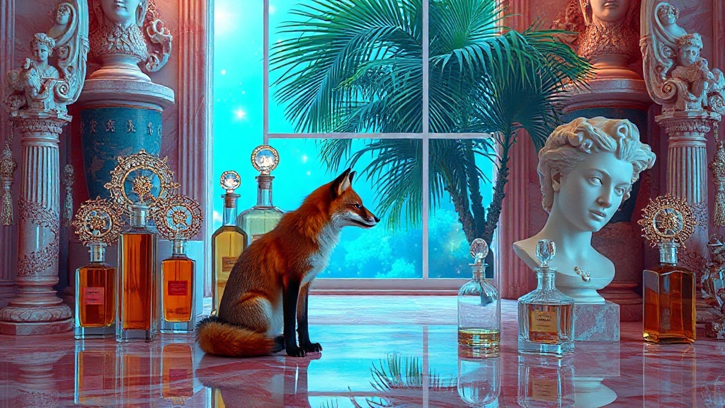 Wide vaporwave landscape: a perfumer in pink-marble studio faces a solitary red fox across polished floor, both turned inward in mutual regard. Glass bottles and neoclassical busts—adorned with iridescent halos—crowd the composition in gilded excess. Behind, palm fronds dissolve into geometric grid. Late-90s computing artifacts float like sacred debris on pedestals. The fox's eye holds an unseen burden. Cyan light catches every filigree surface; the ornament is relentless, baroque, yet each deta