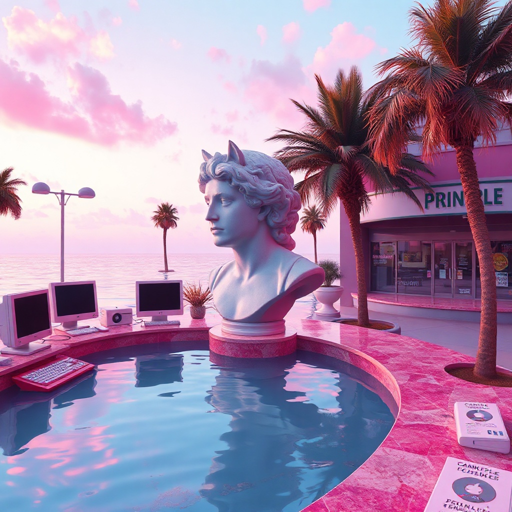 square vaporwave rendering: oxbow lake curves into a serpentine accounting table, its waters pink-teal gradient. a classical marble bust—feline, eroded, gilded trim—surfaces from the bend, surrounded by baroque filigree of spreadsheet cells and palm fronds. late-90s office peripherals half-submerged: monitors, keyboards, floppy disks glitching iridescent. dreamy grid recedes into loading-bar horizon. storefronts with corrupted signage: 'PRINCIPLE PALMS', 'CASH FL∅W TEMPLE'. every surface encrust