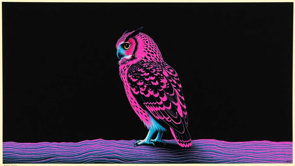A single owl in three-quarter profile, rendered in risograph with fluoro pink and teal registration drift against black. The bird faces left across a wide empty landscape. Its eye is a void. No background, no sky, no ground—only the paper's weave and the weight of civic duty. The wings suggest both wings and filing cabinets. Monumental silence. Limited palette, visible misalignment, paper grain visible.