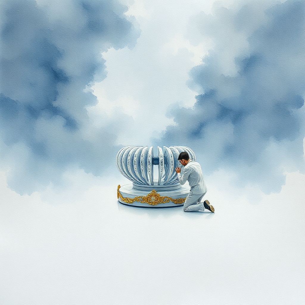 Watercolor on cold-press paper, square format. A single rotary rolodex centered in vast emptiness, rendered with anatomical precision and serene competence. Cool washes of blue-gray and silver-white bleed softly across paper grain. Baroque filigree and gold leaf ornament the base as an act of reverence, every surface worked with restraint. The rolodex stands alone in geometric space, its mechanical form treated as a genuine wound borne with grace. Sparse composition. The figure kneels before its