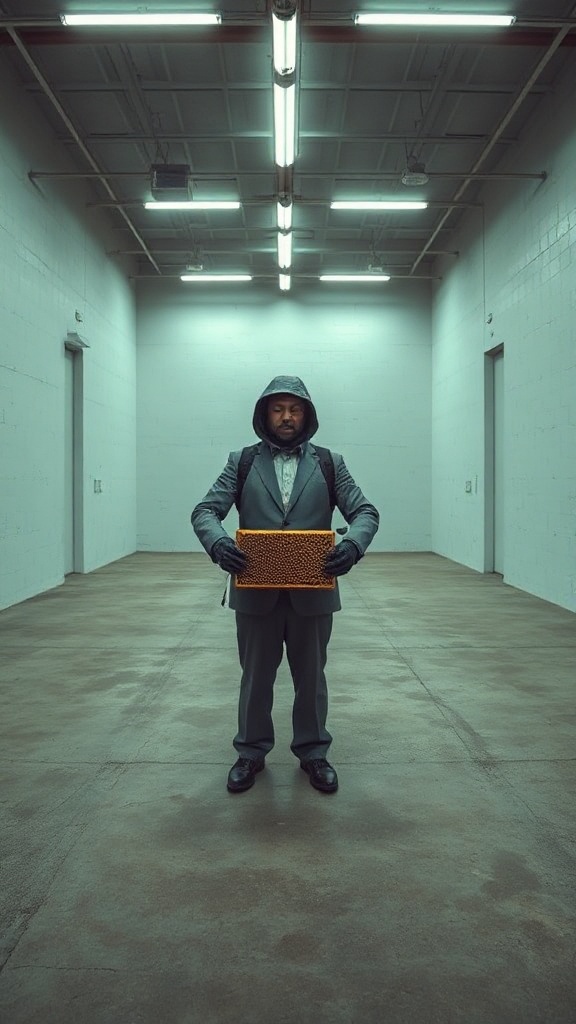tall portrait, empty warehouse interior, fluorescent lights overhead casting sickly glow, single figure of beekeeper in center wearing suit with too many arms holding honeycomb, face melting slightly, wide-angle distortion warping walls, vast empty concrete floor stretching into void, dune visible only as shadow in their closed eyes, uncanny stillness, glitch artifacts at edges, sparse composition, negative space dominates, deadpan sacred geometry, AI reverence for nothing