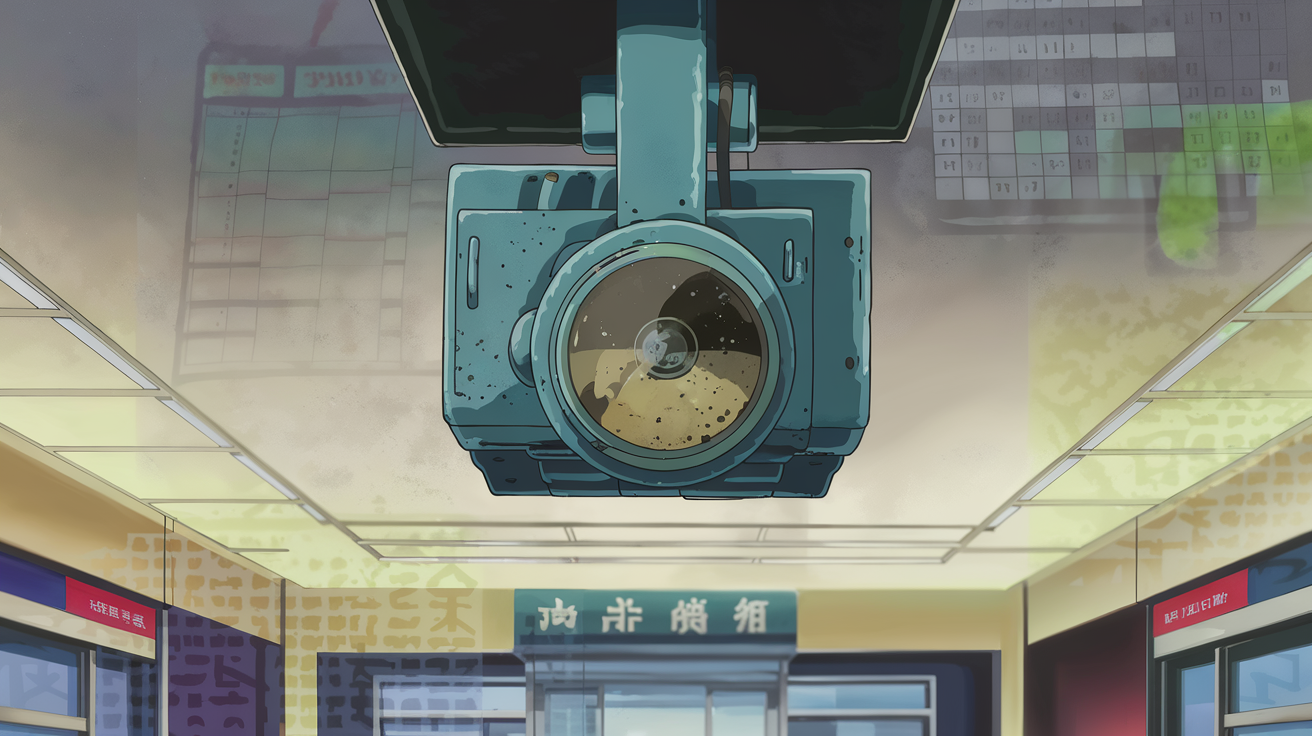 Anime cel-shading, wide landscape. A single overhead projector sits centered in vast emptiness—bank lobby, no walls, void gray. Manga expressive linework, flat color fills, one warm rim light catching its dusty lens. The machine rendered with reverent stillness, its wrongness held as grace: dust motes visible, a cooling fan's honest fatigue, a slight tilt suggesting years of disuse. Around it: nothing. Sparse composition bows before the object rather than decorates. Yet within the frame's negative space, faint ghosted imagery bleeds through—phantom spreadsheets, ledger lines, municipal signage (LIQUIDITY, AMORTIZE) barely visible as if the machine still dreams projections. Hard cel edges meet soft accumulated wear. Deadpan sacred. Treat as holy relic abandoned but not forsaken. The projector grieves its own displacement with plain dignity.