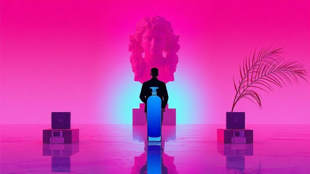 A solitary perfumer stands in vast emptiness, facing a red fox across polished marble. Between them, a single crystalline bottle glows cyan in pink-teal haze. The figure is centered, diminished by void. Behind: a classical bust haloed in neon, palm fronds dissolving into late-90s grid artifacts. Floppy disks rest on pedestals like offerings. No irony. Deadpan. The transaction breathes. Wide vaporwave landscape, sparse and sacred, one soul alone with its only customer in geometric dream-space.
