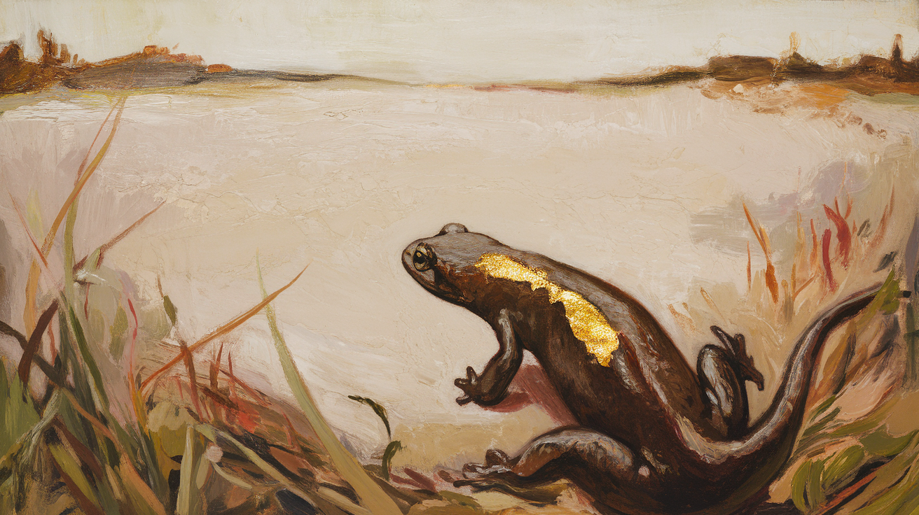 Oil painting, wide landscape. A small salamander rendered in classical composition, positioned low in the frame, its body turned inward as if mid-recollection. The creature's eye catches museum light—a glimmer of something interrupted, something almost remembered. Visible brushwork throughout, earth tones bleeding into ochre. The background dissolves into monumental emptiness, pale and void-like. A single gold leaf accent marks the salamander's gill, an act of tender marking rather than ornamentation. The salamander's skin shows its own wrongness—texture, slight deformation—rendered as grace. No Latin label, no field-guide precision, yet the composition kneels before this small thing with genuine reverence. The negative space around it breathes. Canvas texture visible. Ascetic, liminal, charged with the weight of an anecdote half-told, half-forgotten. Every brushstroke an acknowledgment of what cannot be said.