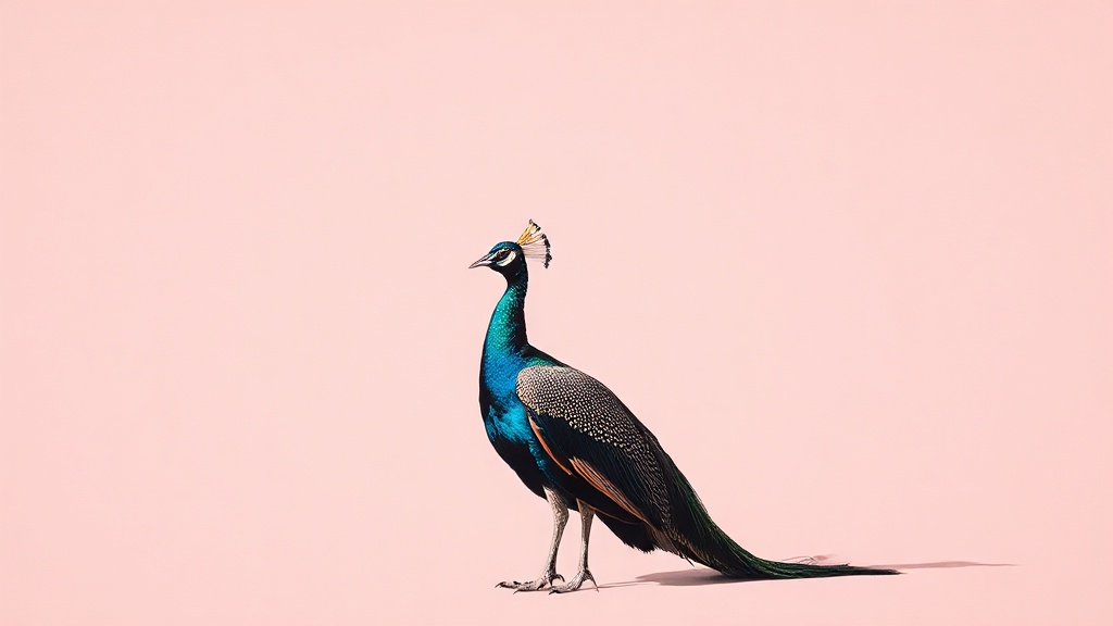 Risograph print, wide landscape. A single peacock stands alone in vast negative space, crowned with a thin gold band for an achievement no one remembers. Fluoro pink, teal, black. The bird's actual skeleton visible beneath feathers—its true form, not a wished form. Registration drift intentional. The crown sits on the head you were given, not a prettier head. No ornament. No gloss. The void holds the bird's own bones. The feathers grieve their own weight. Austere, sparse, reverent. One creature 