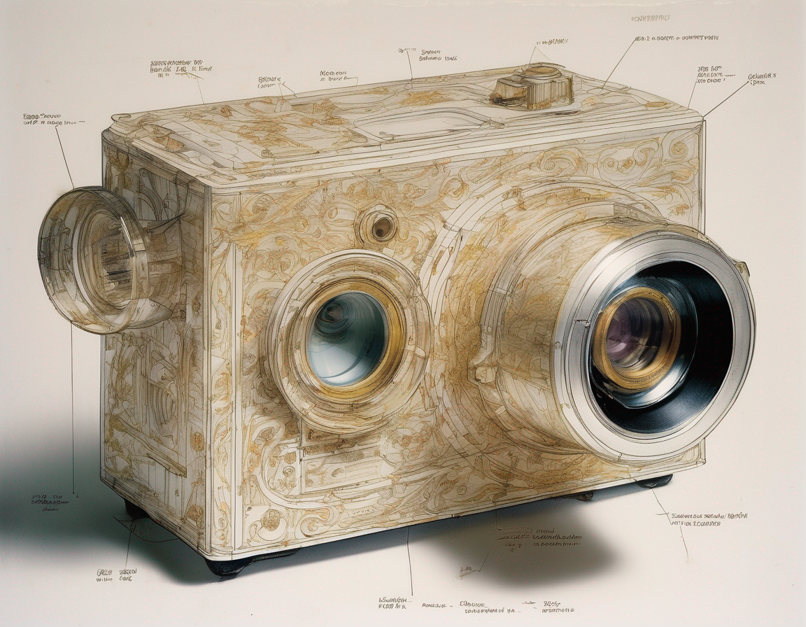 A 1987 slide projector diagrammed wrong on suburban drywall, eye-level, afternoon light. The lens assembly labeled backwards in fading ballpoint, the light path traced with baroque gold leaf filigree over clean technical line-work, rococo swirls encrusting every margin—ornament so dense it obscures nothing. One projector sits centered in vast empty garage, rendered with anatomical grace despite its fundamental wrongness. The mechanism grieves its own error. Every imperfection gilded. Reverent stillness. Serene competence meets baroque excess. Photograph the diagram as holy relic. What color survives from then? What grain tells truth? Regard this failure with plain love.