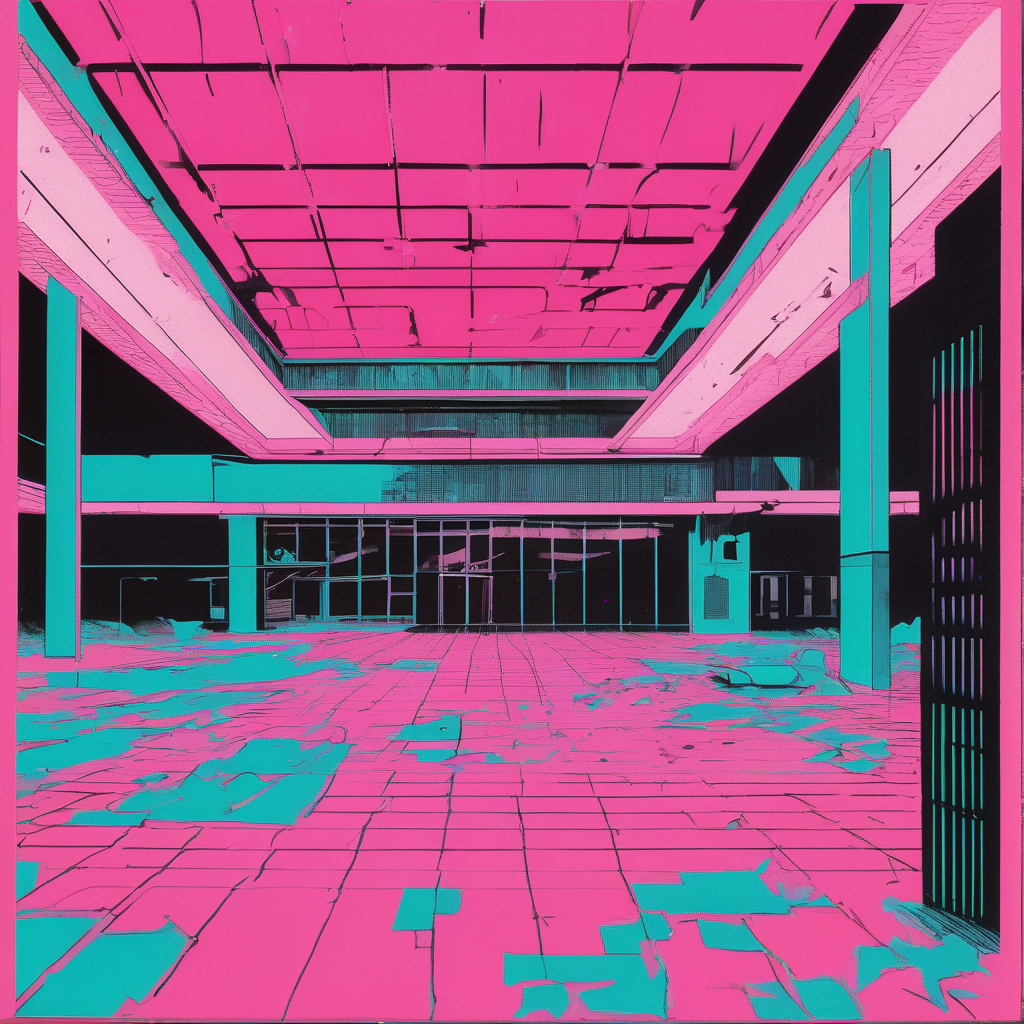RISOGRAPH PRINT SQUARE ASPECT: apocalyptic abandoned shopping mall at high noon, brutalist concrete cathedral of consumer death, vast empty food court with overturned chairs casting long shadows, fountain dry and cracked, skylights flooding harsh geometric light across floors, MAXIMALIST COLOR PALETTE: SCREAMING FLUORO PINK neon signs half-lit spelling nothing, TEAL accent tiles and bathroom doors, pure BLACK shadows and structural beams, visible REGISTRATION DRIFT creating ghostly color separations, paper texture heavy grain tactile roughness, ORNATE BAROQUE DECORUM applied to commercial decay—every surface dripping with excessive detail, overworked, no restraint, gratuitous architectural embellishment on ruin, maximalist every element cranked past comfort, opulent squalor, reverent treatment of abandonment, deadpan sublimity, every inch rendered with byzantine intensity, registration marks visible as aesthetic choice, cheap printing technique elevated to sacred art