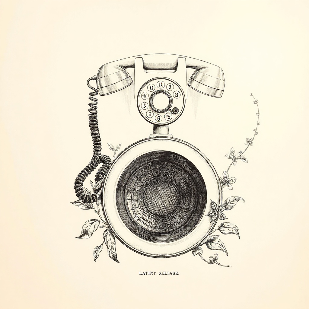 Victorian botanical illustration: rotary telephone specimen mounted on cream ground, rendered in precise ink line work with muted watercolor wash. Beneath the handset, a circular void opens like a stamen—the sinkhole rendered as negative space ringed with ornamental hatching and delicate botanical border. Background plain. Style of field guide crossed with still life chiaroscuro. Every line reverent, every shadow deliberate. Latin nomenclature below. Square format.