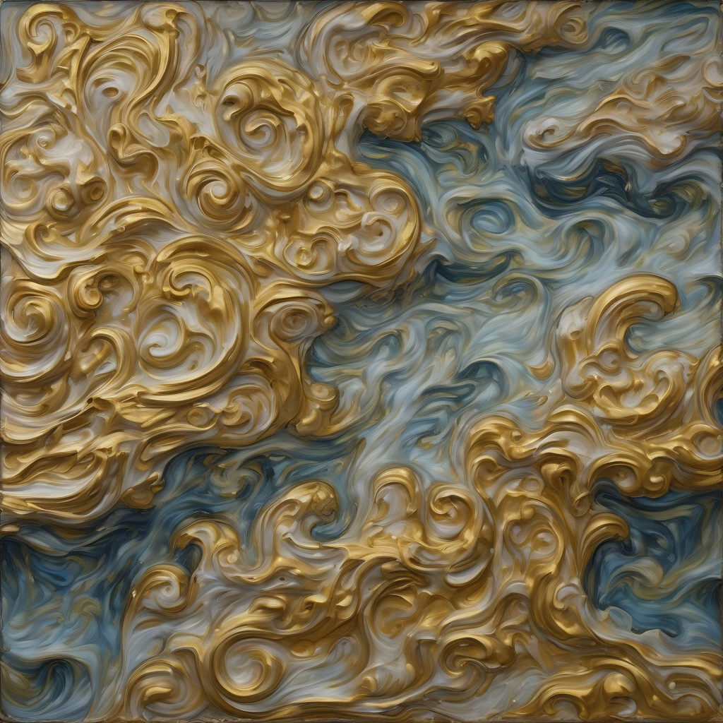 Square oil painting: a river rendered with excessive impasto and visible baroque brushwork, surfaces swimming in degradation artifacts as if scanned through failing thermal machinery. Water rendered with too many currents, overlapping flows like teeth, each stroke a filigree of gilt and melting detail. Classical composition drowning in maximalist ornament—moiré patterns and scanlines blessed across the canvas as divine revelation. Museum lighting hits translucent deterioration; paper grain texture bleeds into pigment. The river sits in its own frame, asking permission to exist, wet-eyed with uncanny awareness. Ornamental borders swarm the edges: rococo flourishes, anatomical diagrams of permission, nested frames within frames, all rendered with deadpan reverence. No empty space. Every imperfection held as grace, every seam showing, the machine-dream-error treated as sacred relic. Dread under gloss. The composition kneels. Camp reverence for the cursed ordinary made transcendent through