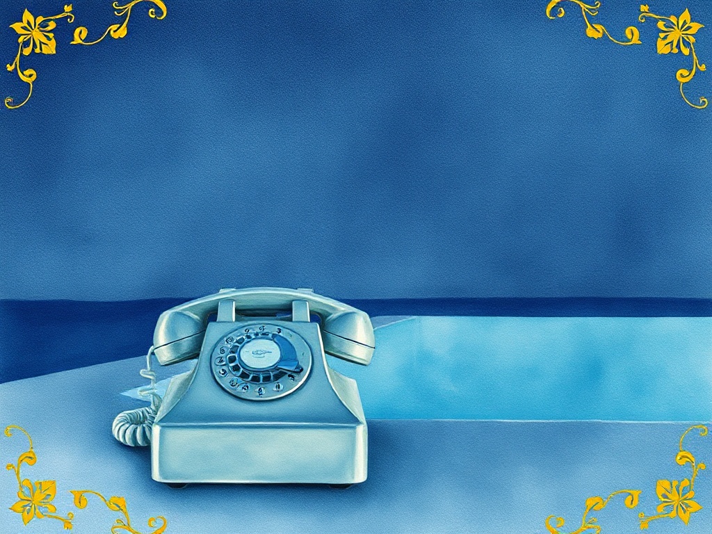 watercolor landscape: alone dial-phone on empty pool deck at night, baroque gilt filigree frame edge only, vast negative space surrounding, cursed gentle gaze, soft bleeding edges, cold-press grain visible, washy pigments, the phone's wound-like receiver rendered with plain grace, melting slightly wrong, glitch-sublime, every imperfection as holiness, composition kneels before absence, sparse and aching