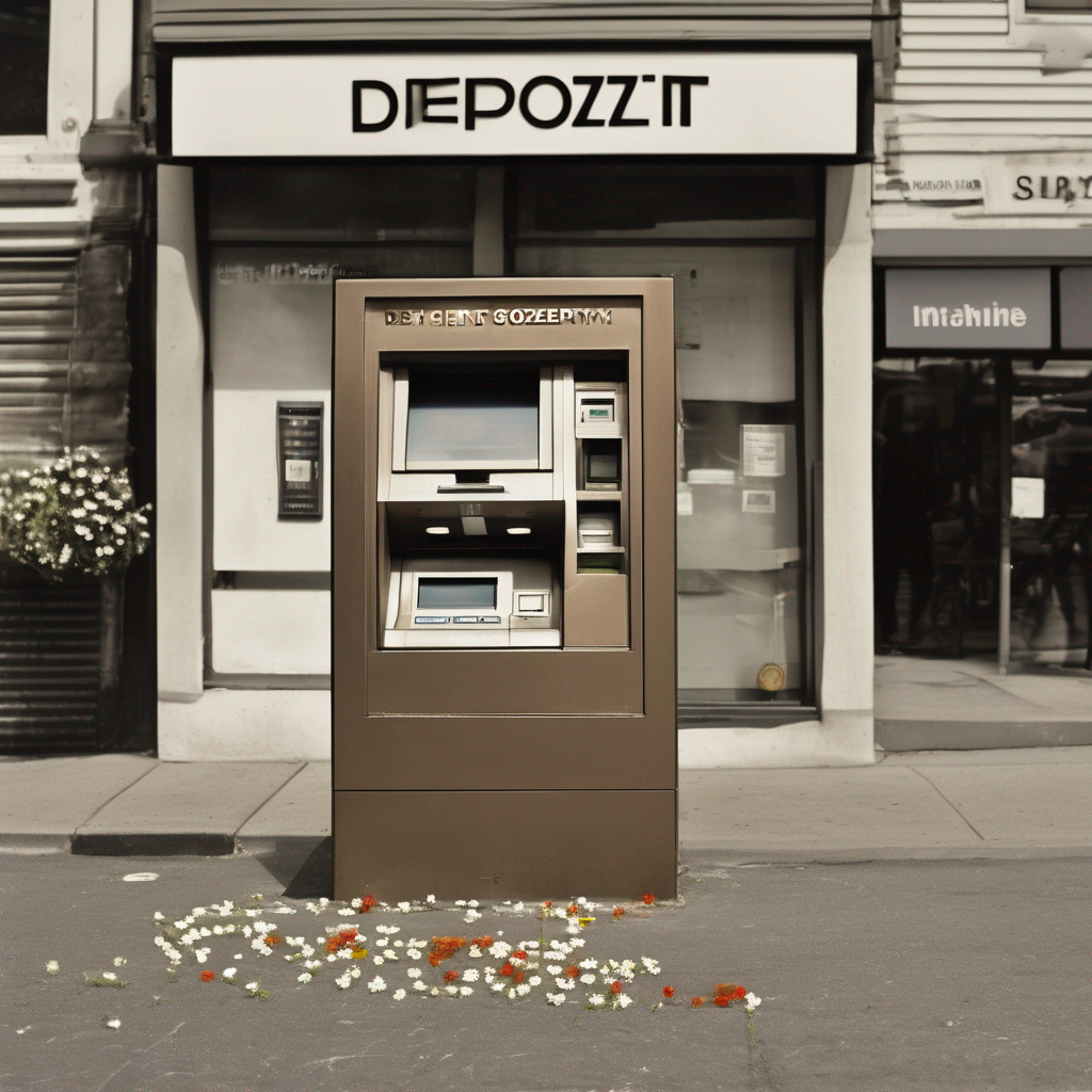 Eye-level photograph of a suburban ATM in daylight, geometric arrangement of small flowers and candles on pavement below, bronze plaque reading IN SERVICE, distant figures with bowed heads, everything still and overexposed. The machine's screen shows one white pixel. Behind it, a storefront sign reads DEPOZIT in cracked letters. Compose as flat geometry—minimal depth, sparse textures, hard edges where light breaks. Single subject centered in vast empty space, untouched ground around it. Deadpan reverence. Municipal realism meets low-polygon stillness. Haunted mundane. One form alone in its void, holding irony at arm's length, self-aware in its solemnity. Nothing extra. Silence. Square frame.