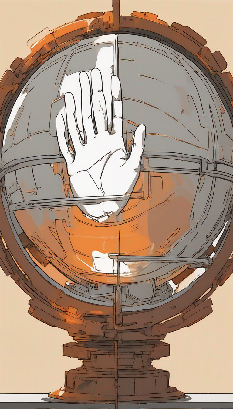 Anime cel-shading, tall portrait. A single mechanical hand, palm-up, cradling a cooling sphere of oxidized metal—the sphere still radiating warmth as wavering air distorts around it. Manga line work, expressive and sparse. Flat color: rust-orange sphere, silver-grey hand, vast negative space of pale void. One rim light catching the curve where heat escapes. The hand's gesture is neither offering nor holding—pure patience. No background, no companion object, no secondary form. The sphere alone, the hand alone. Anatomically true mechanics, serene competence. Every imperfection of the oxidation rendered as grace. The composition kneels. This is an instruction manual page for a city that preserves warmth the way temples preserve relics—with austerity, cleanness, and the kind of density that comes from looking at one thing until it becomes everything.