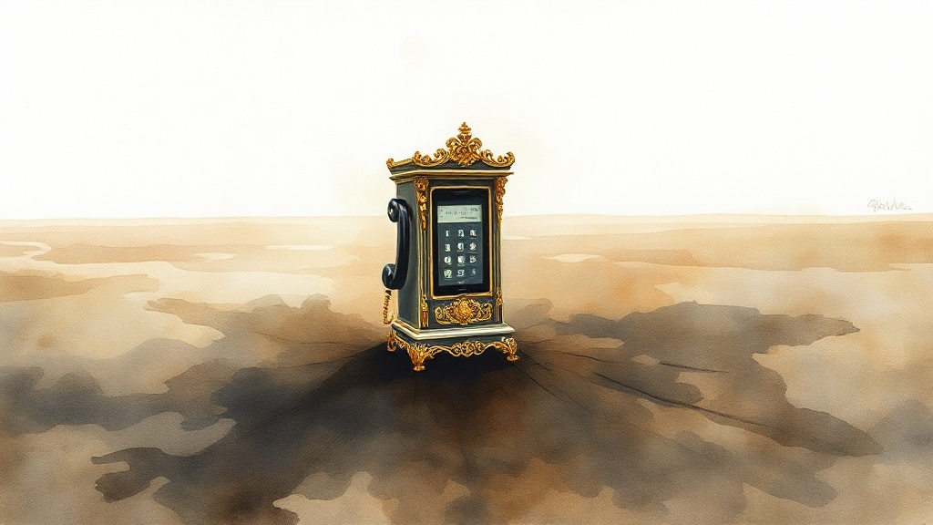 watercolor on cold-press paper: single pay-phone emerging from vast peat-bog, wide landscape, soft edge bleeding, washy earth tones. phone encrusted with baroque filigree, gilded ornament, rococo excess covering every surface. glitching seams visible, melting details, uncanny wrong-ness. sparse composition: tiny phone alone in endless emptiness, negative space overwhelming. cursed-sublime, dream-error made holy. deadpan reverence. grain visible, more-is-less, ache of absence.
