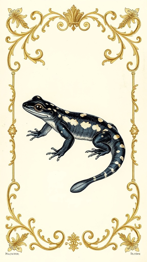 Victorian field-guide plate: a spotted salamander mid-thought, body rendered in precise ink line work with careful watercolor wash, anatomically true and composed with serene competence. The creature sits in portrait orientation against a plain background, yet every inch of negative space ornaments itself—baroque filigree blooms from the margins, gilt leaf accumulates like devotion, rococo scrollwork coils through air as if the salamander's memory itself has weight and texture. The amphibian's g