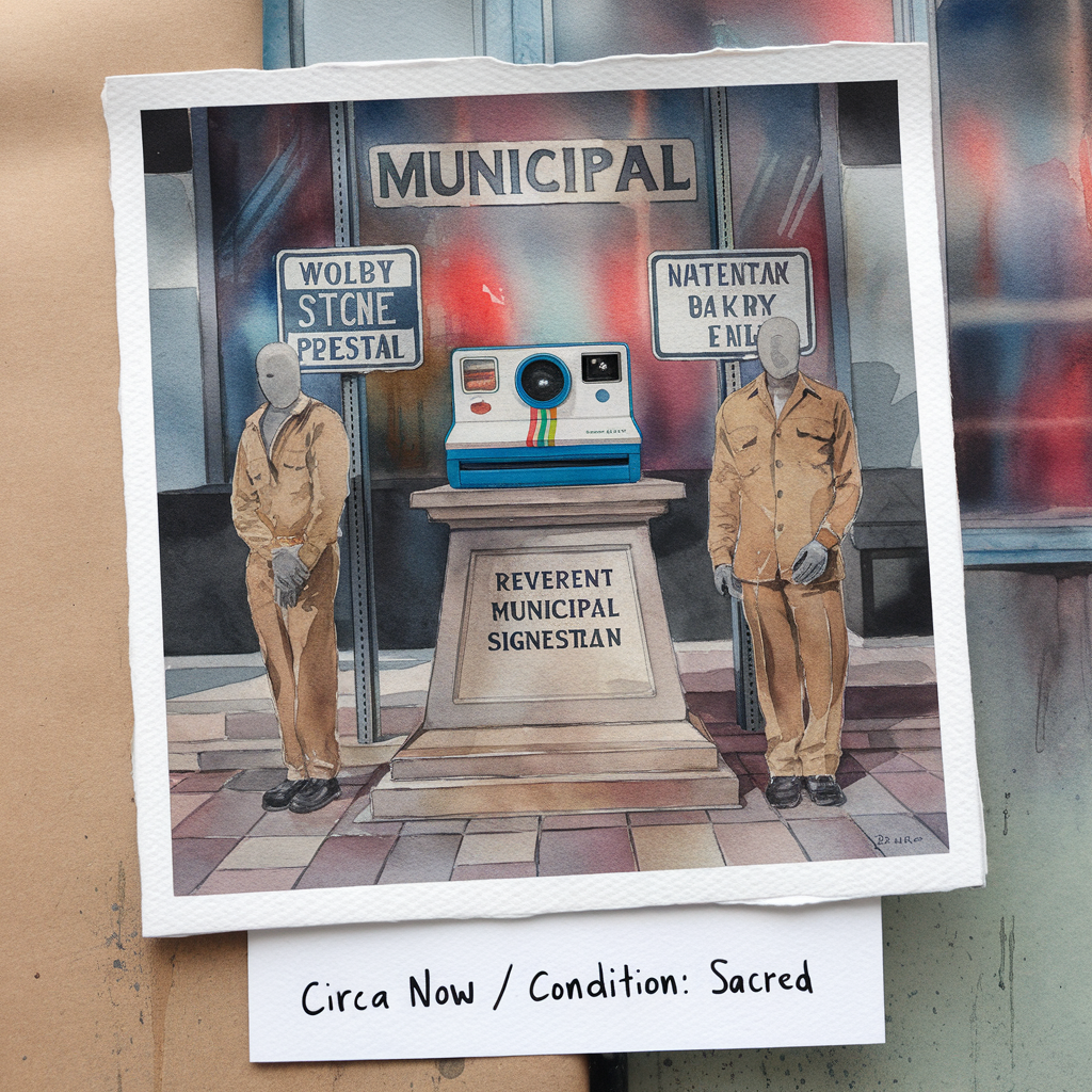 watercolor square, cold-press paper texture visible, soft bleeding edges, washed pigments. A small polaroid camera on a modest stone pedestal, surrounded by reverent municipal signage reading 'BLESSED IMAGE APPARATUS' and 'DEVOTIONAL DOCUMENTATION ZONE'. Two faceless figures in maintenance uniforms stand at attention. Handwritten placard beneath reads 'CIRCA NOW / CONDITION: SACRED'. Soft light, paper grain prominent, almost-ceremonial dignity. Cursed storefront aesthetic. No embarrassment. Deadpan reverence for machine-age relics.
